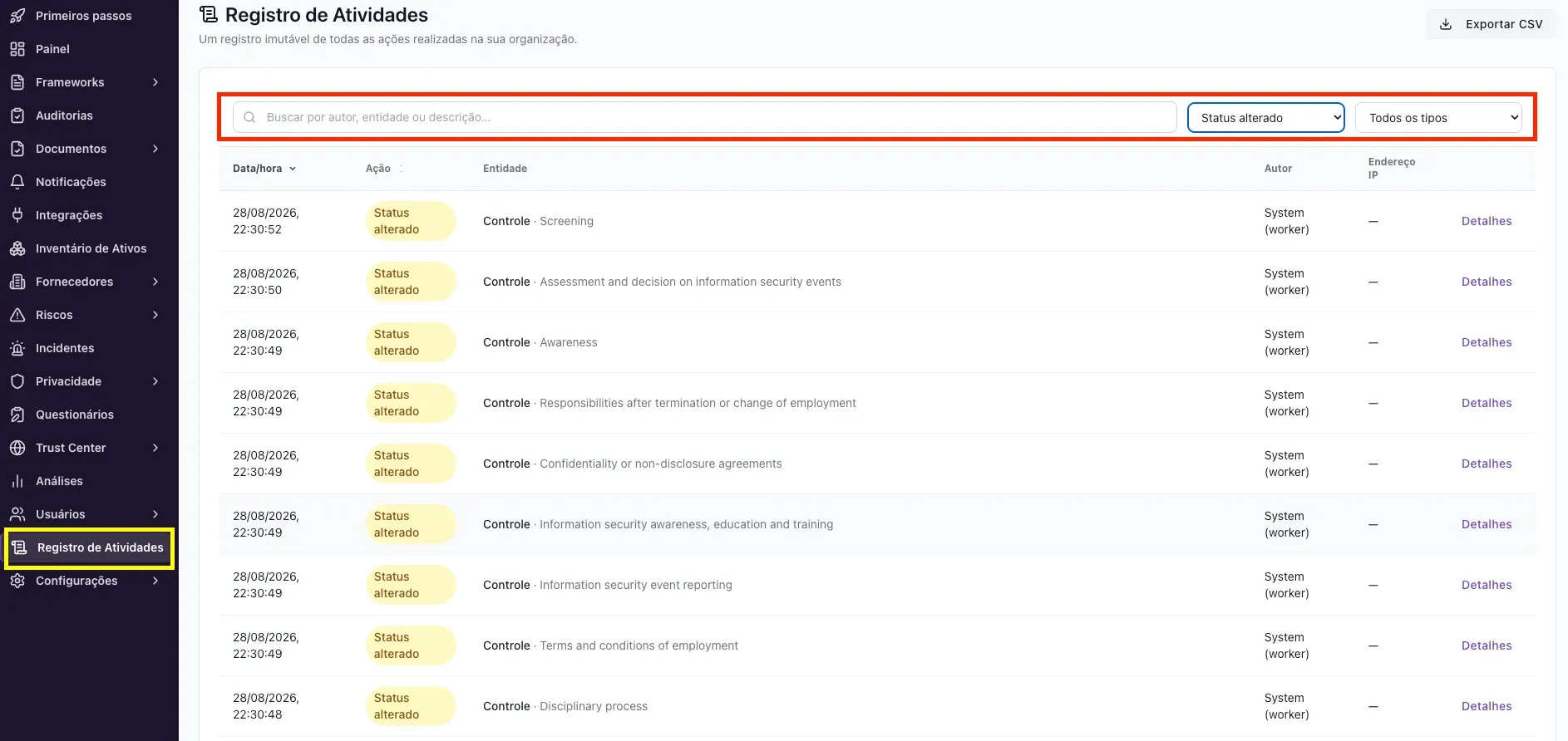 Plataforma – Registro de atividades (log de auditoria)