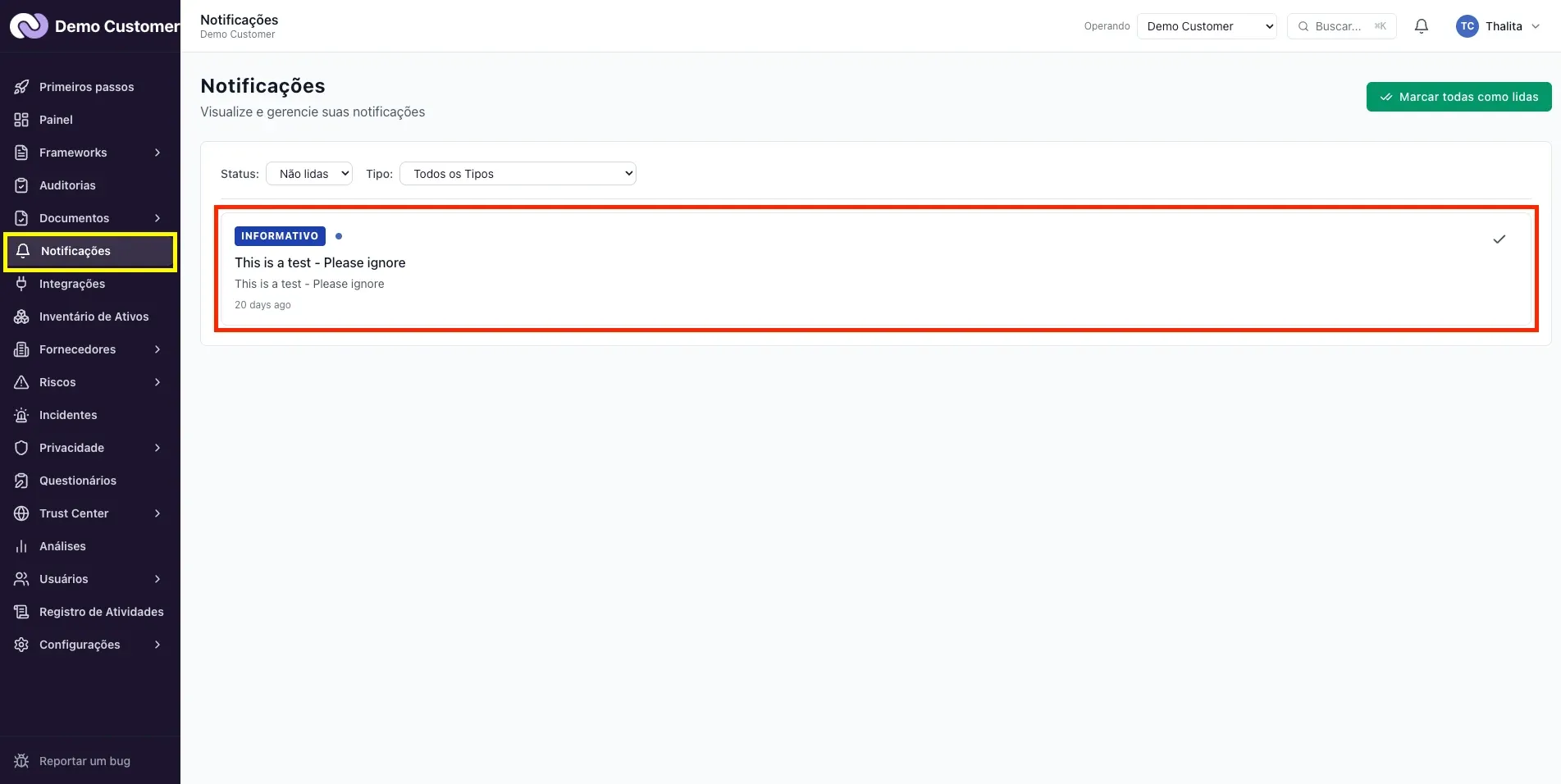 Plataforma – Notificações: central e configuração de alertas