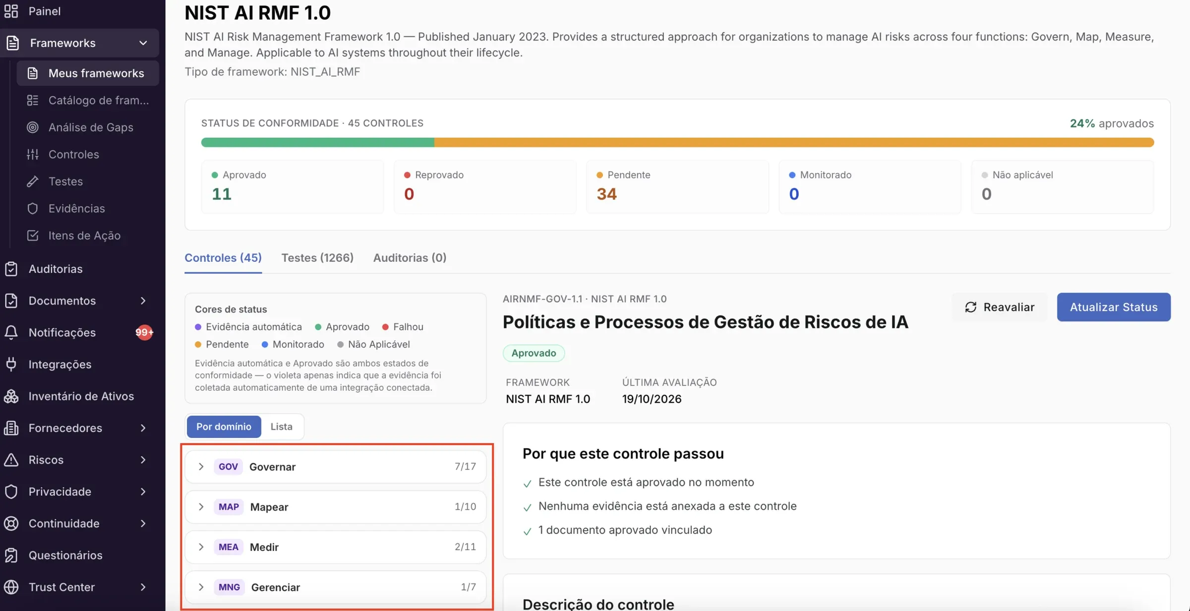 Frameworks – NIST AI RMF: o que a plataforma cobre