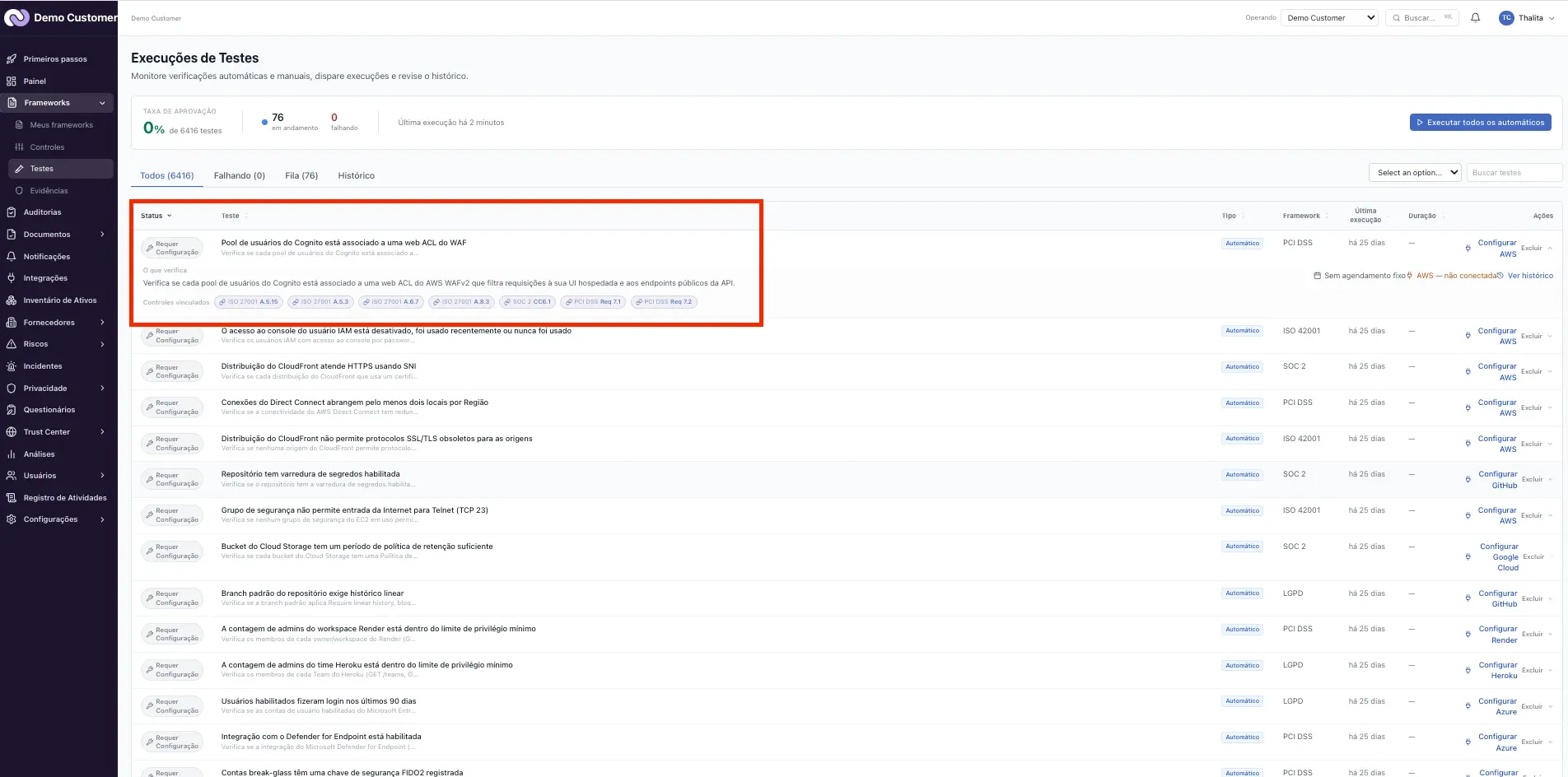 Testes – Teste em "Requer configuração": como destravar