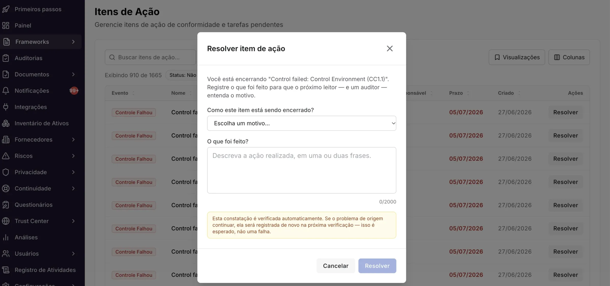 Controles – Ações pendentes: o que são e como resolver