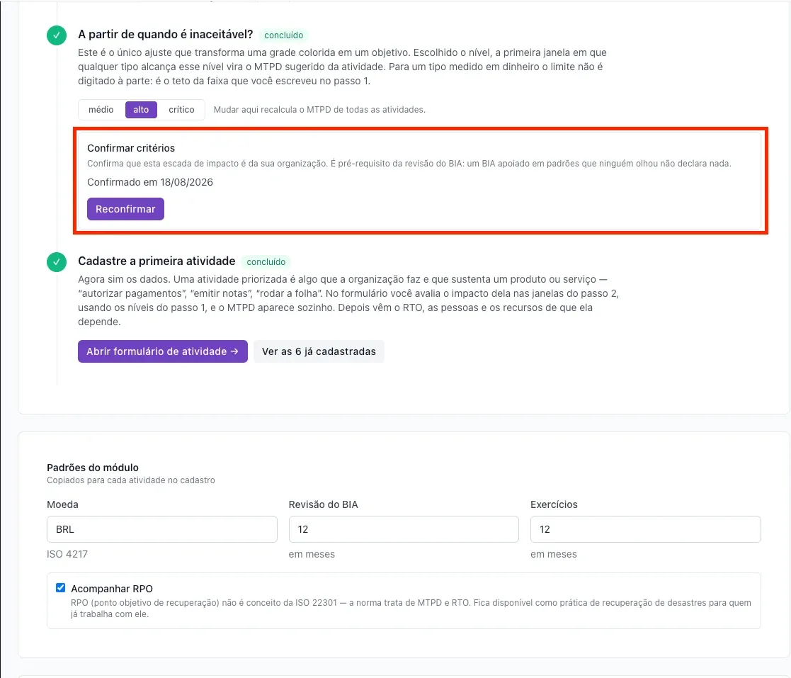 Continuidade – Como configurar critérios e escalas de impacto
