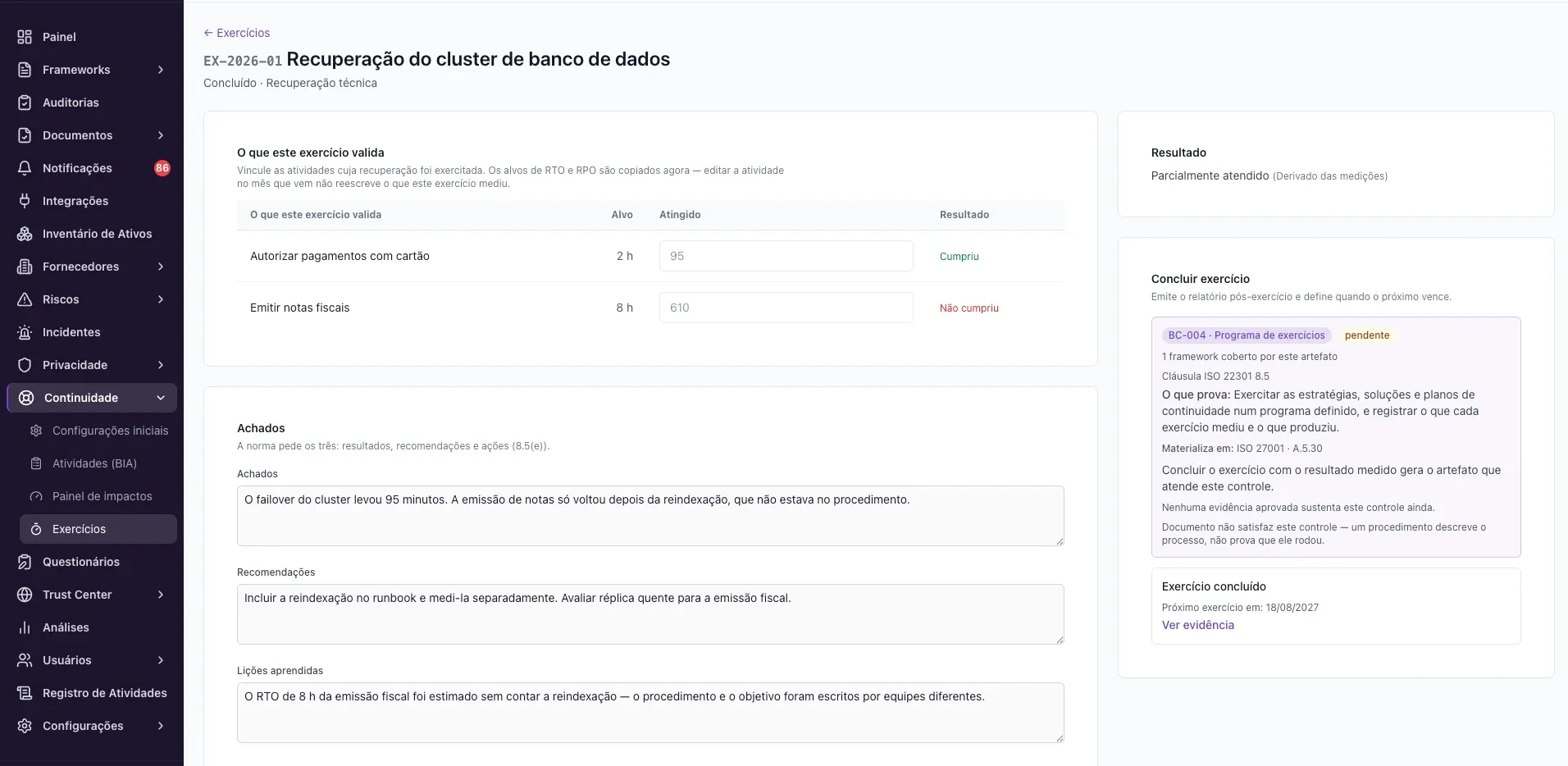 Continuidade – Planejar e registrar um exercício/teste do plano