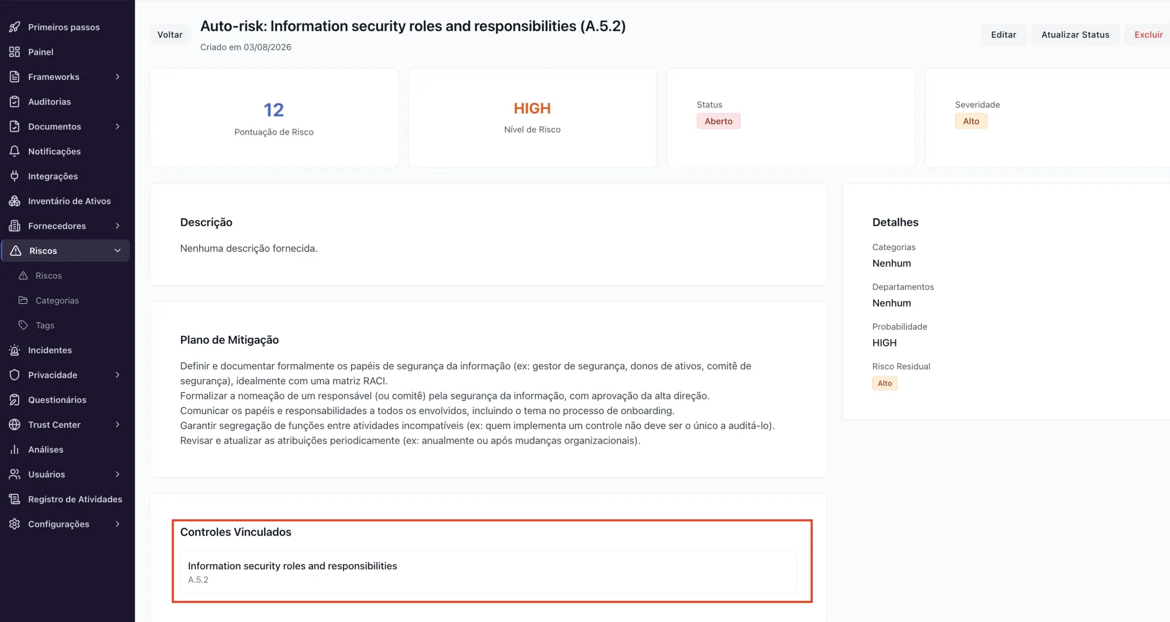 Riscos – Riscos gerados automaticamente por controles falhando