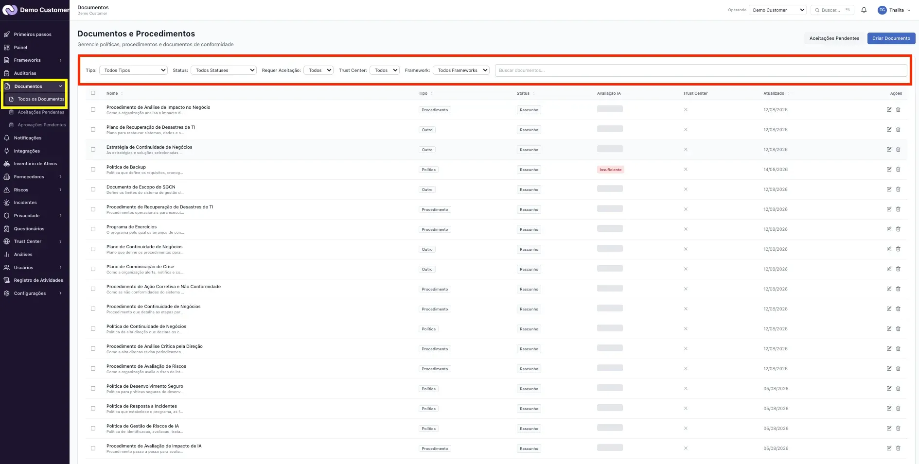 Documentos – Biblioteca: tipos, status e versões