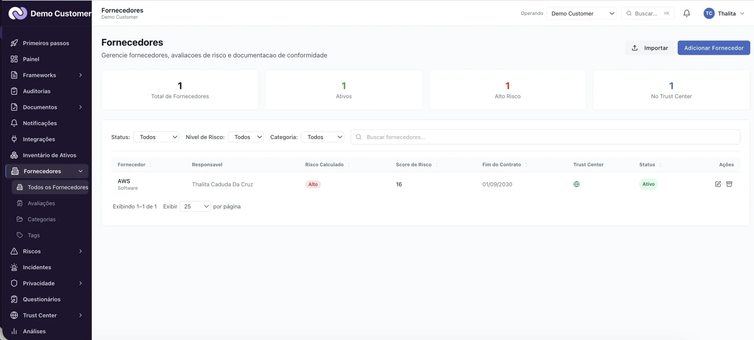 Fornecedores – Página do fornecedor: risco, contrato e documentos