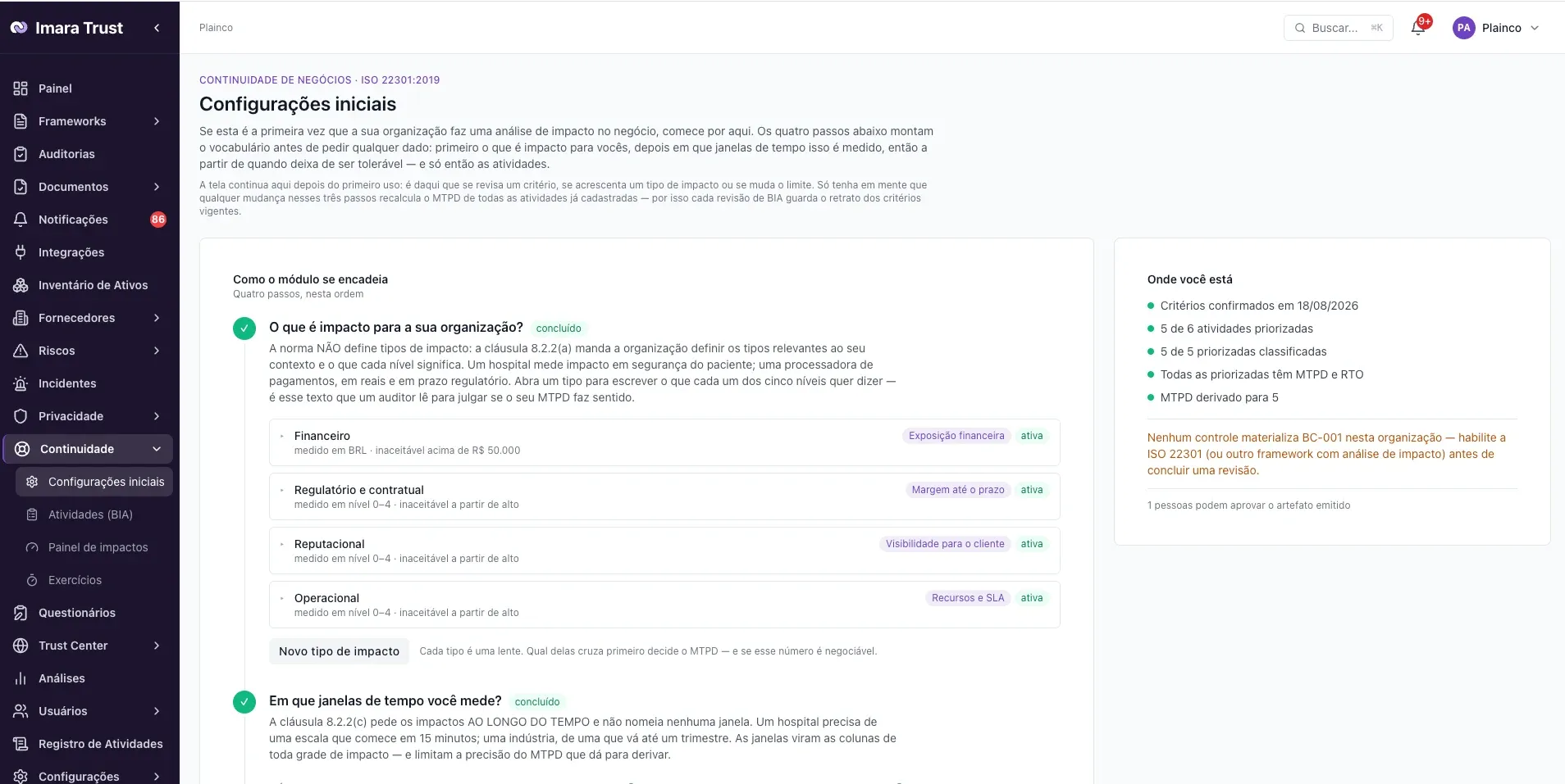 Continuidade – Como configurar critérios e escalas de impacto
