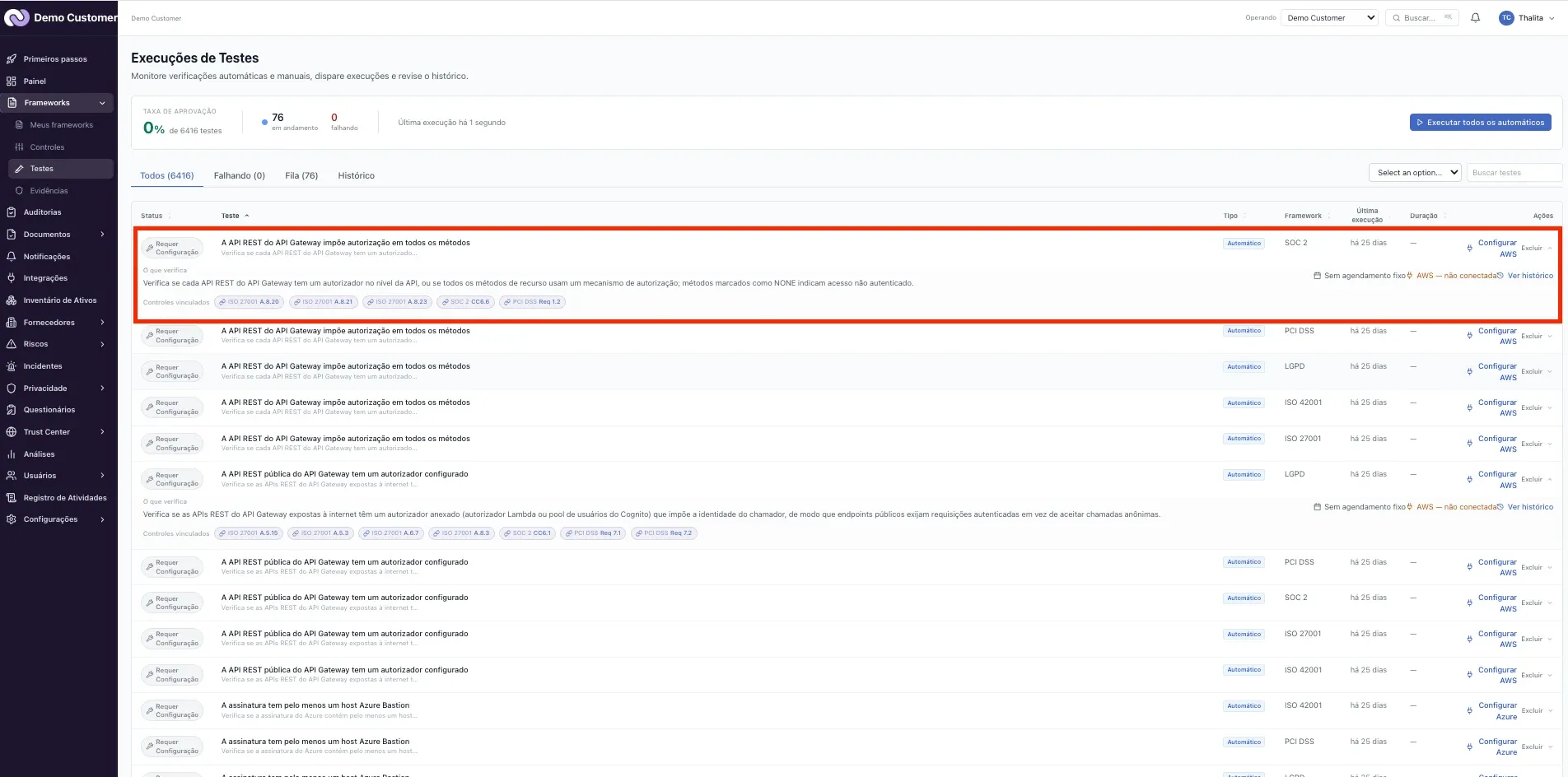 Testes – Página do teste: histórico, evidência e recursos avaliados