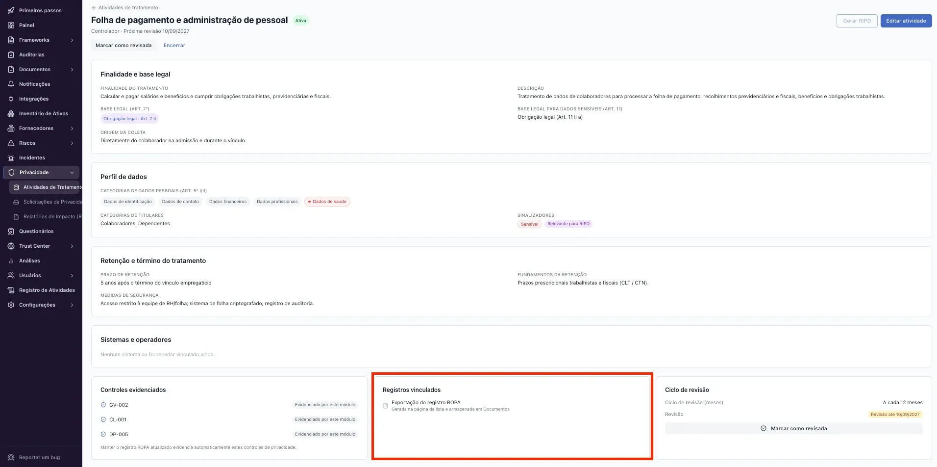 Privacidade – Registro de atividades de tratamento (ROPA)