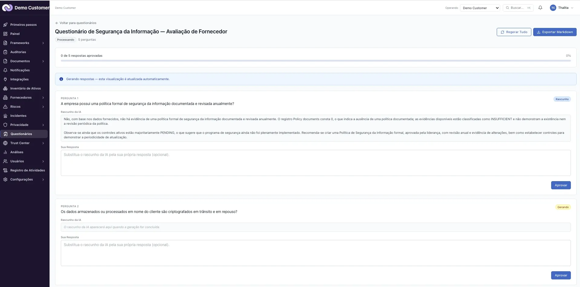Questionários – Responder a um questionário de segurança recebido