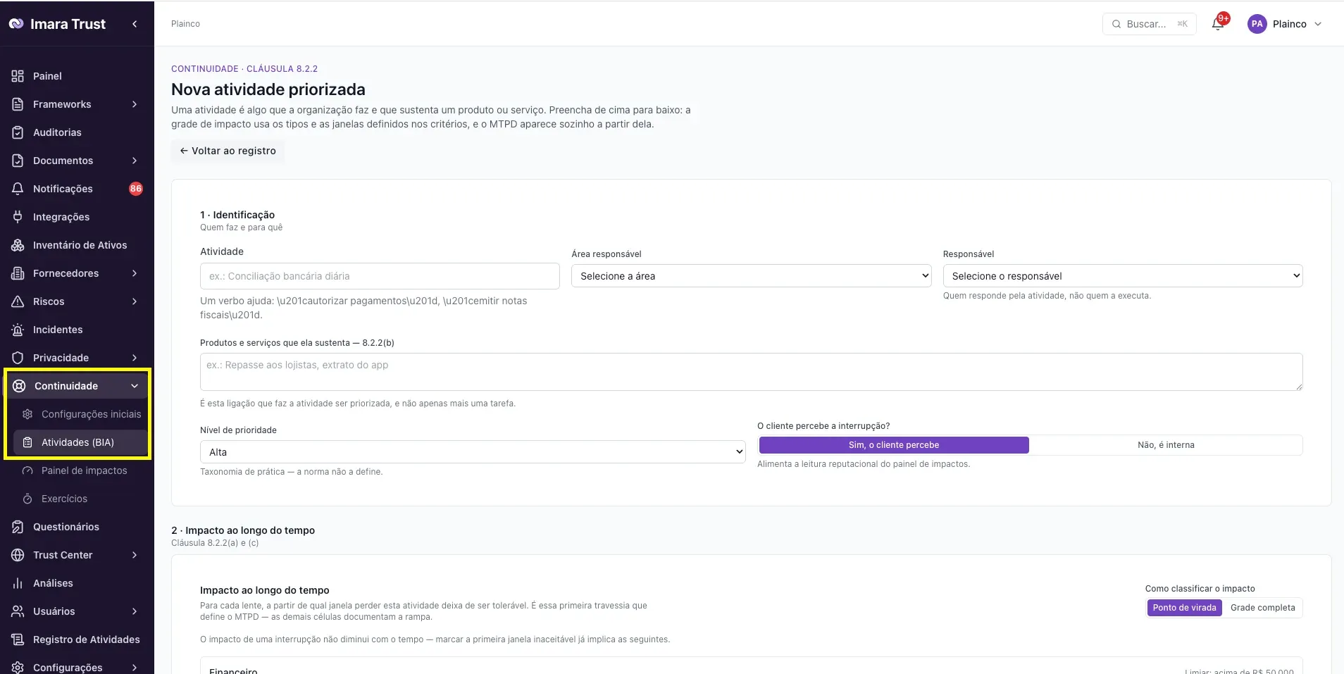Continuidade – Cadastrar atividades e definir RTO/RPO