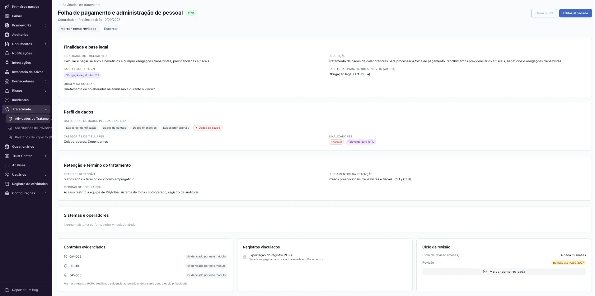 Privacidade – Como cadastrar uma atividade de tratamento