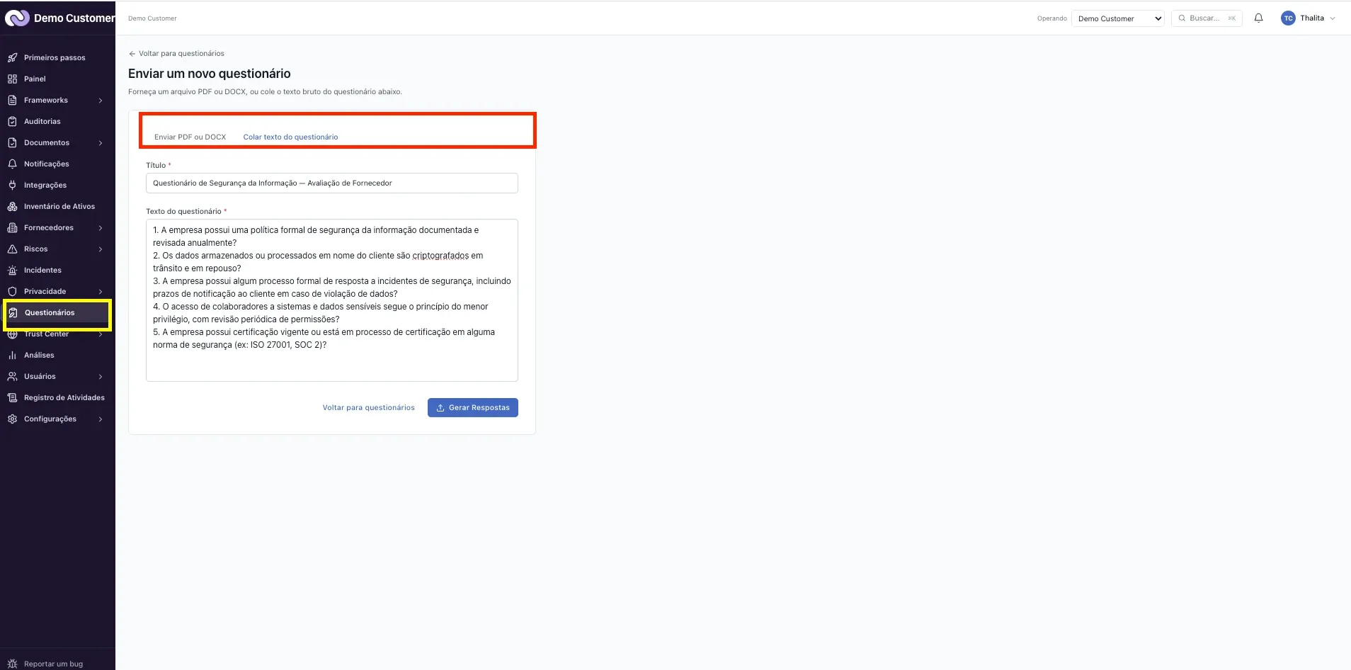 Questionários – Responder a um questionário de segurança recebido
