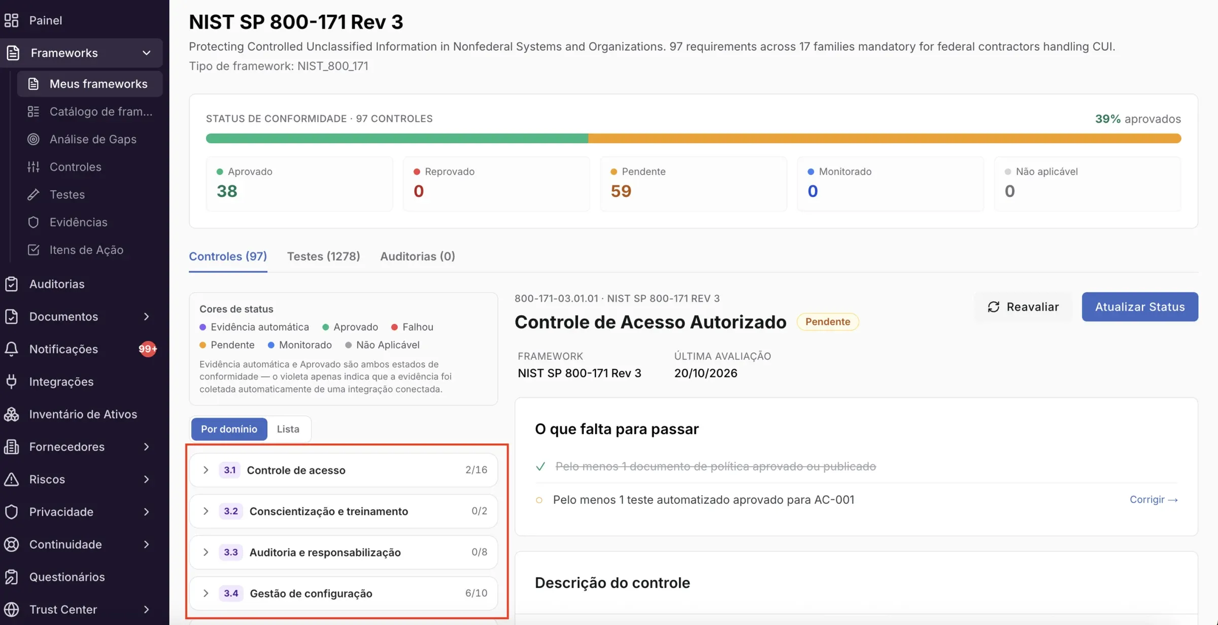 Frameworks – NIST 800-171: o que a plataforma cobre