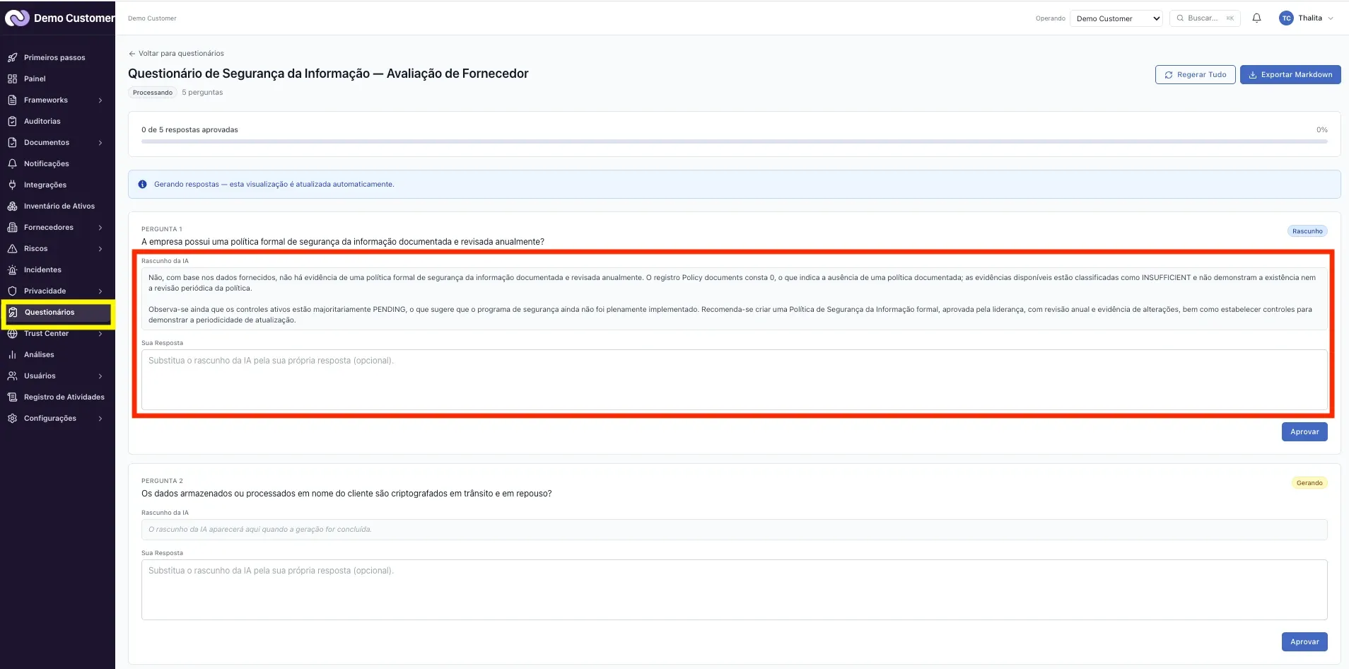 Questionários – Revisar, aprovar e exportar as respostas