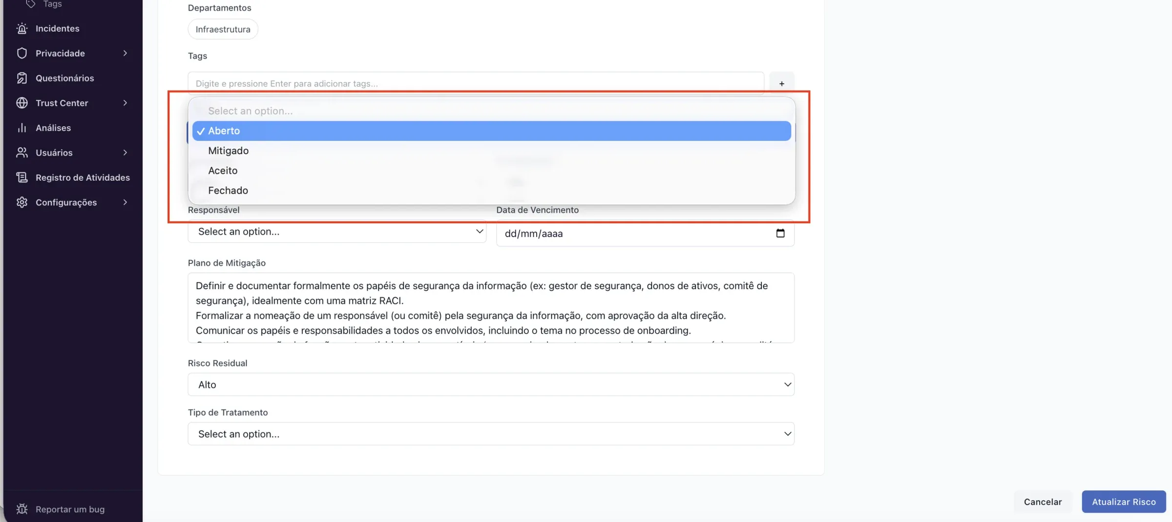 Riscos – Página do risco: tratamento, plano de ação e histórico
