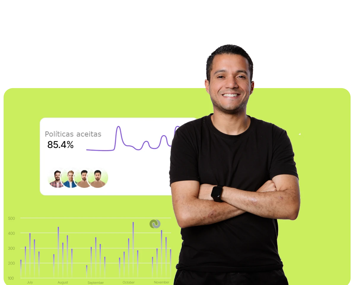 Solon Santos, da Imara, ao lado de indicadores do Imara Trust com 85,4% de políticas aceitas