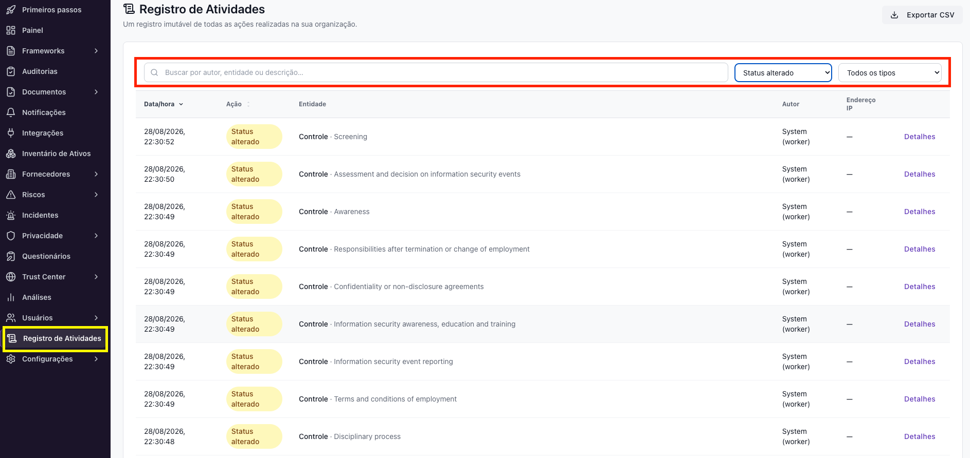 Plataforma – Registro de atividades (log de auditoria)