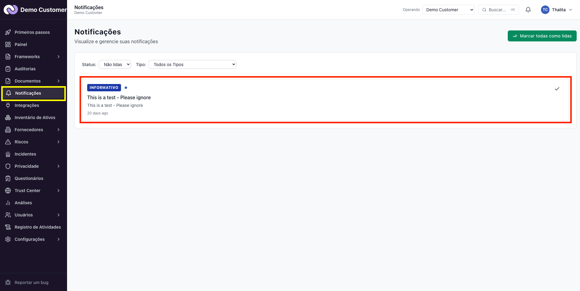 Plataforma – Notificações: central e configuração de alertas