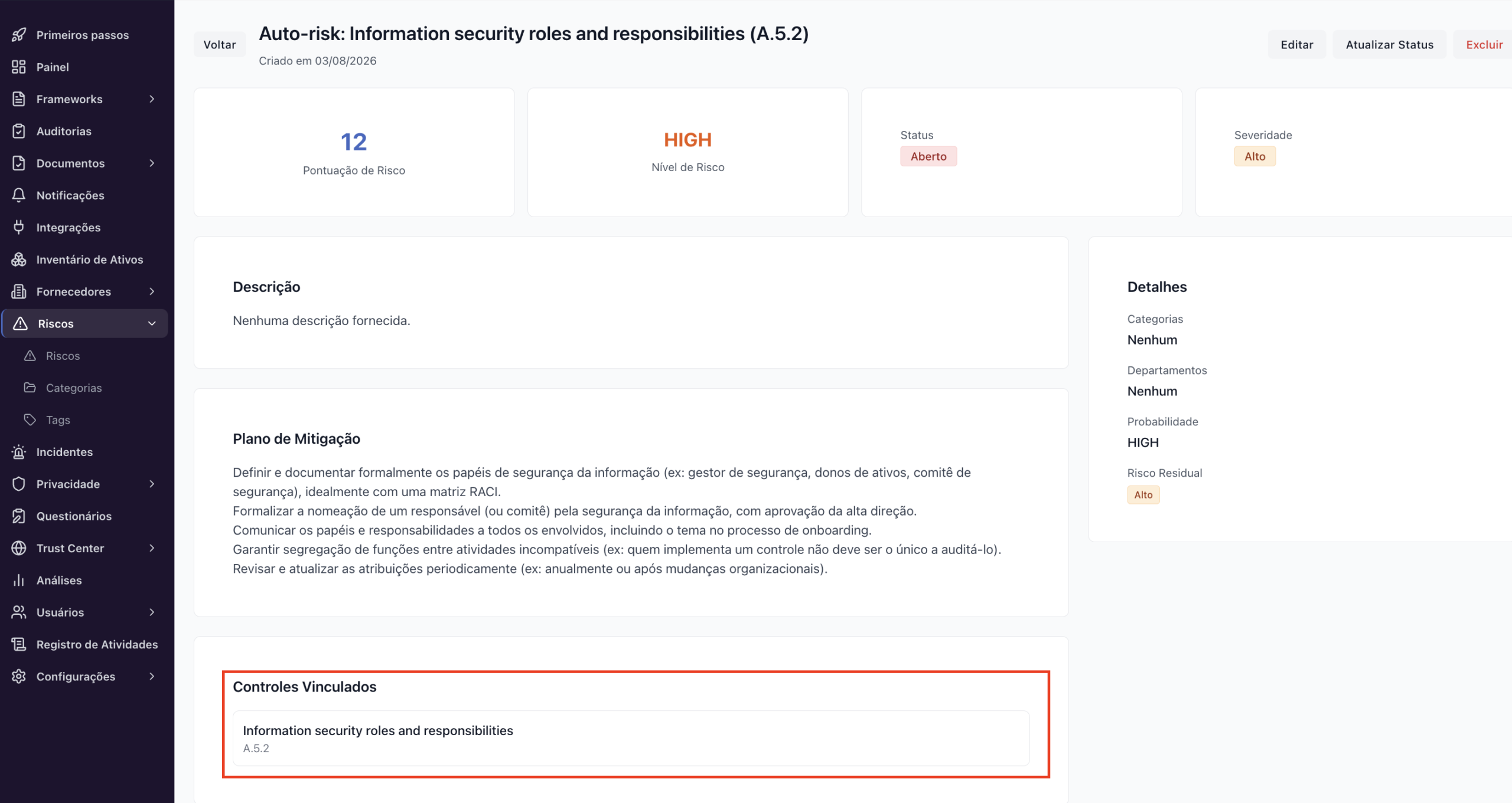 Riscos – Riscos gerados automaticamente por controles falhando