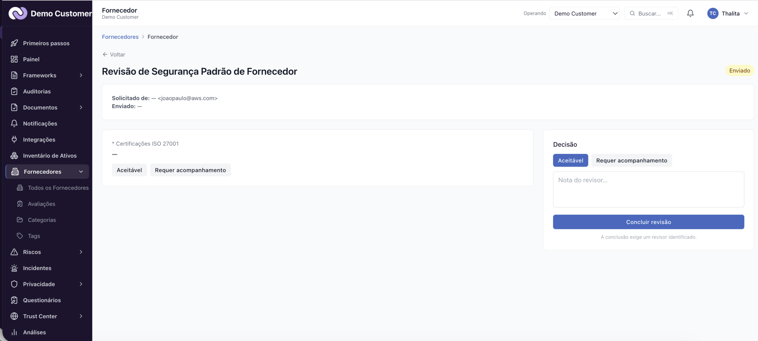 Fornecedores – Montar um questionário de avaliação