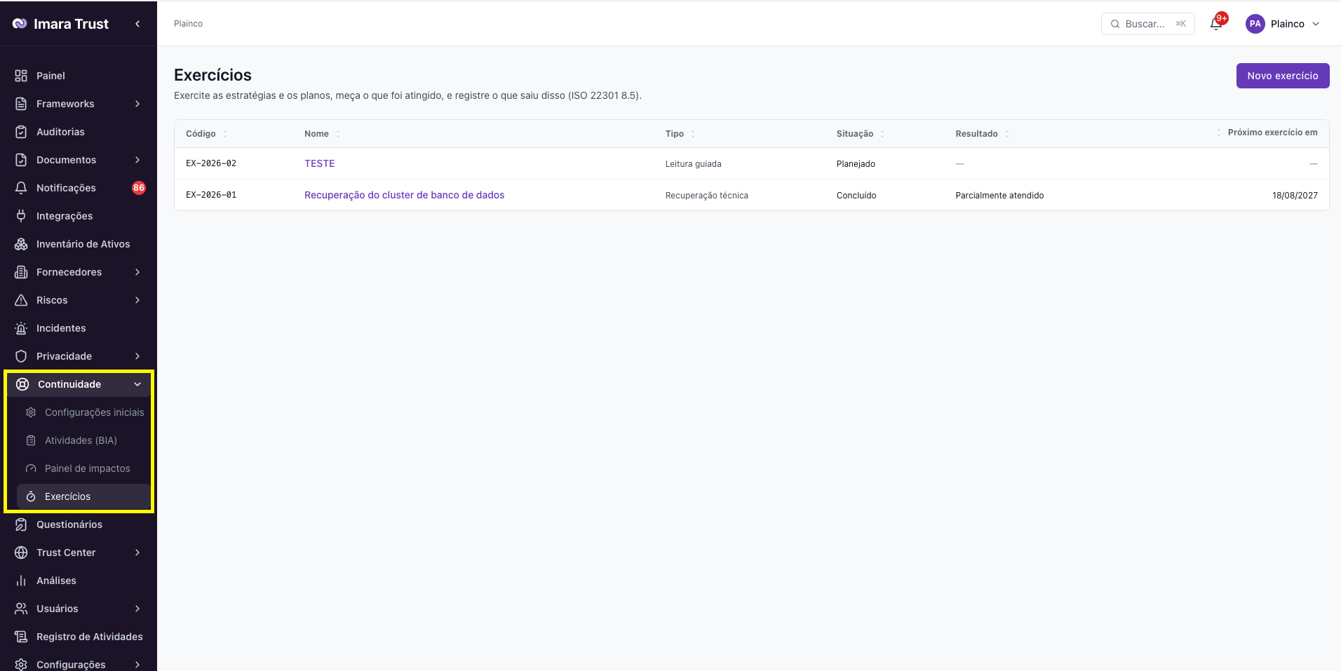 Continuidade – Planejar e registrar um exercício/teste do plano