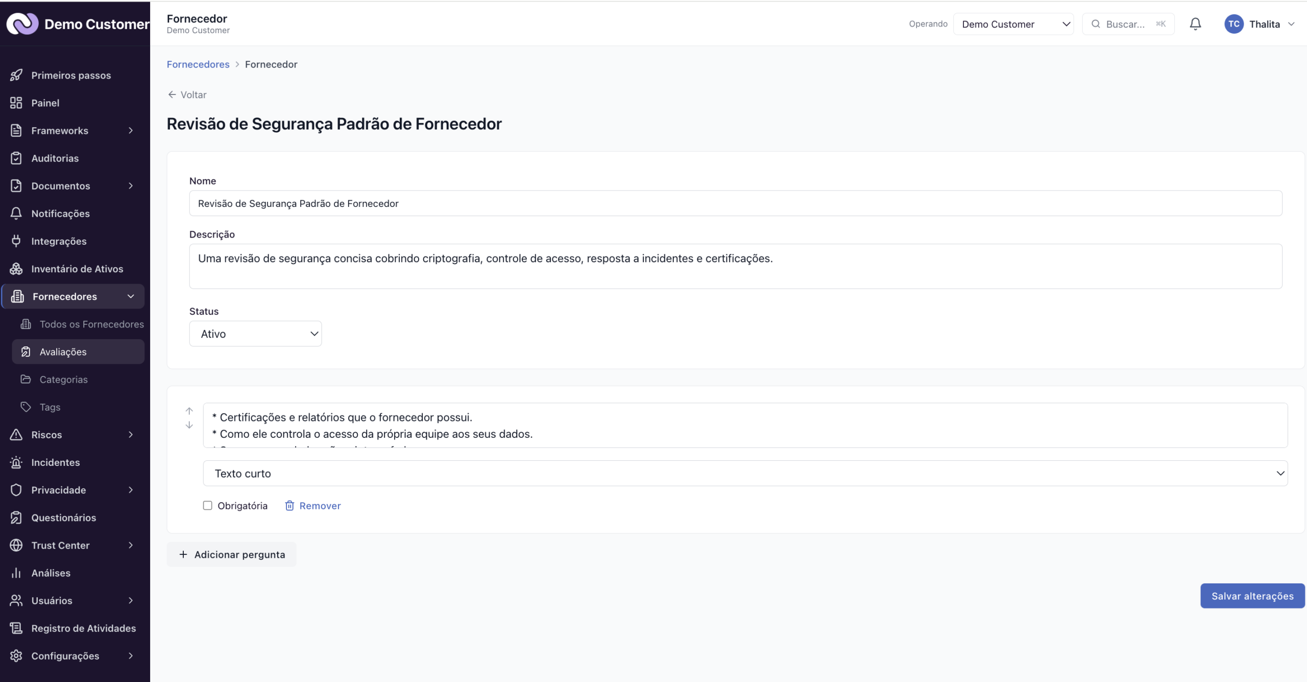 Fornecedores – Montar um questionário de avaliação