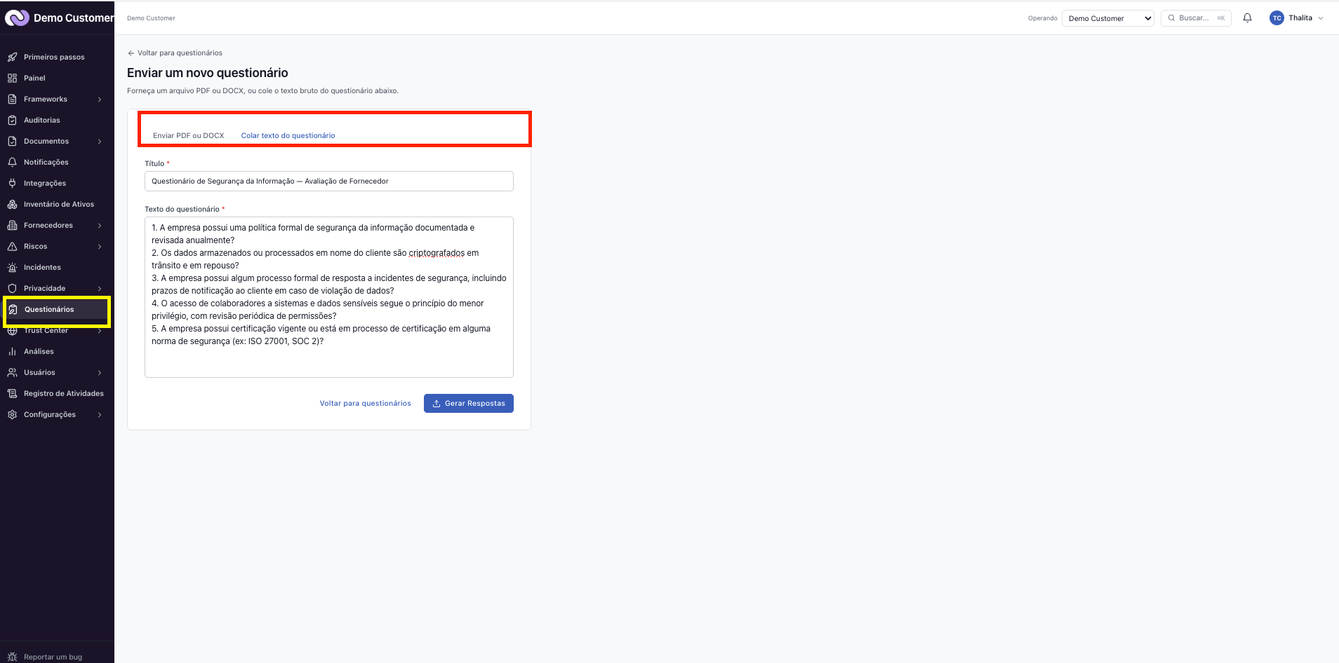 Questionários – Responder a um questionário de segurança recebido