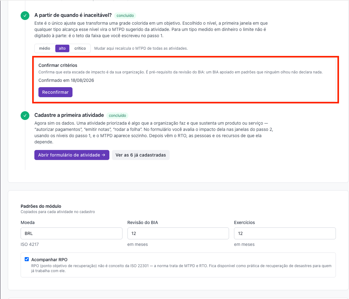 Continuidade – Como configurar critérios e escalas de impacto
