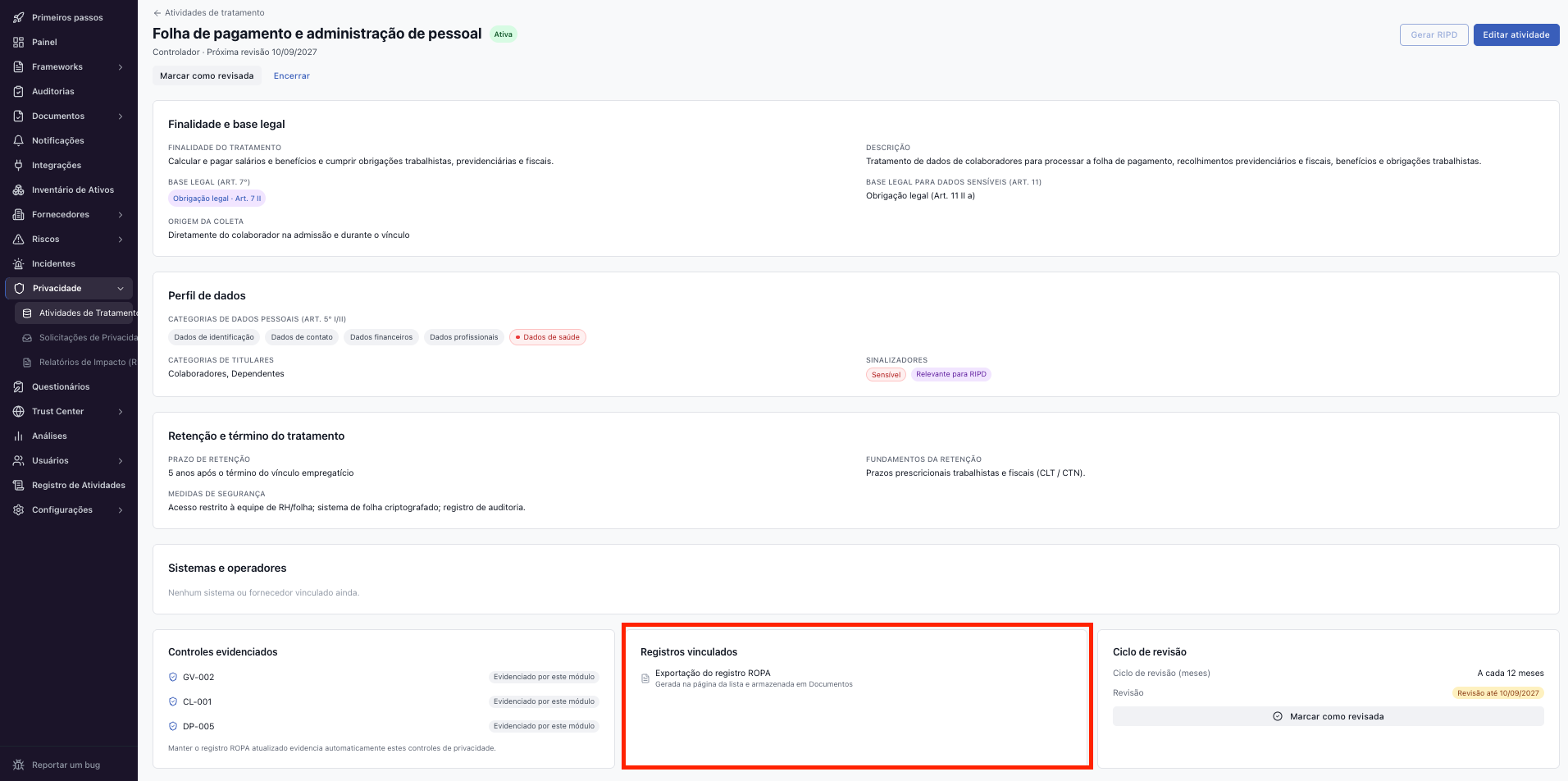 Privacidade – Registro de atividades de tratamento (ROPA)
