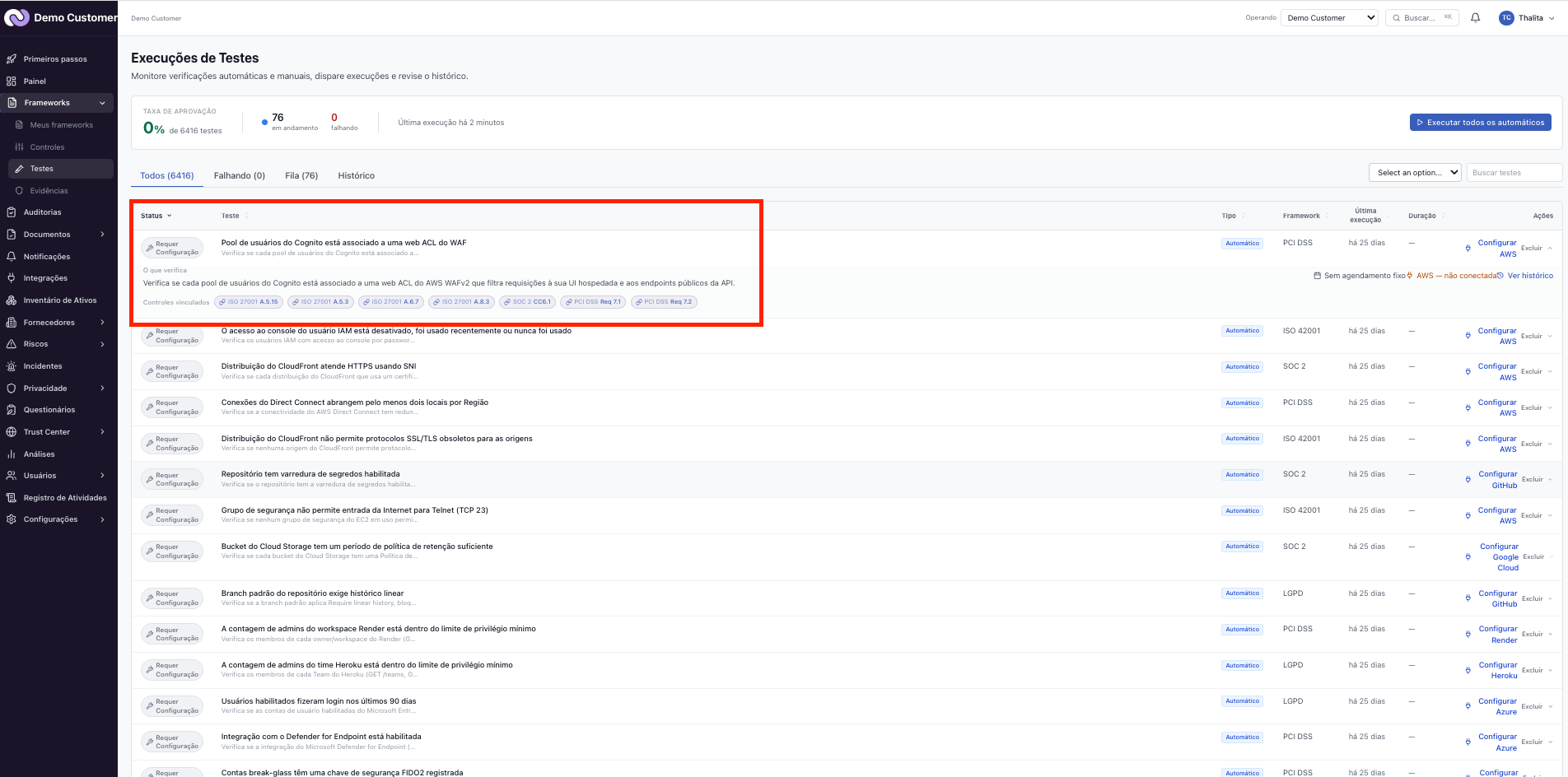 Testes – Teste em "Requer configuração": como destravar