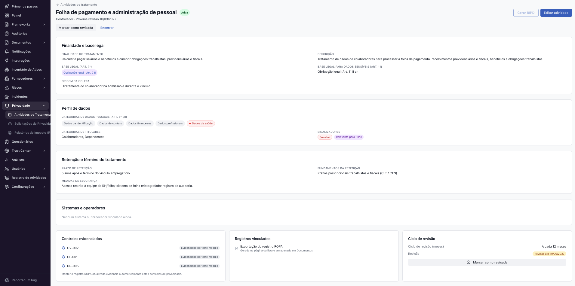 Privacidade – Como cadastrar uma atividade de tratamento