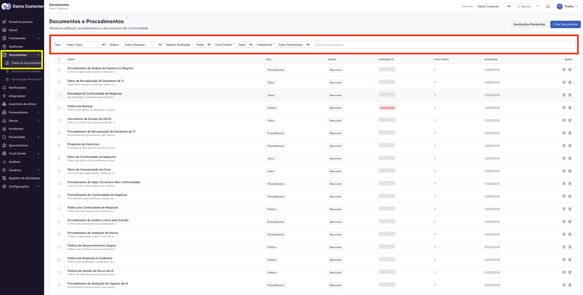 Documentos – Biblioteca: tipos, status e versões