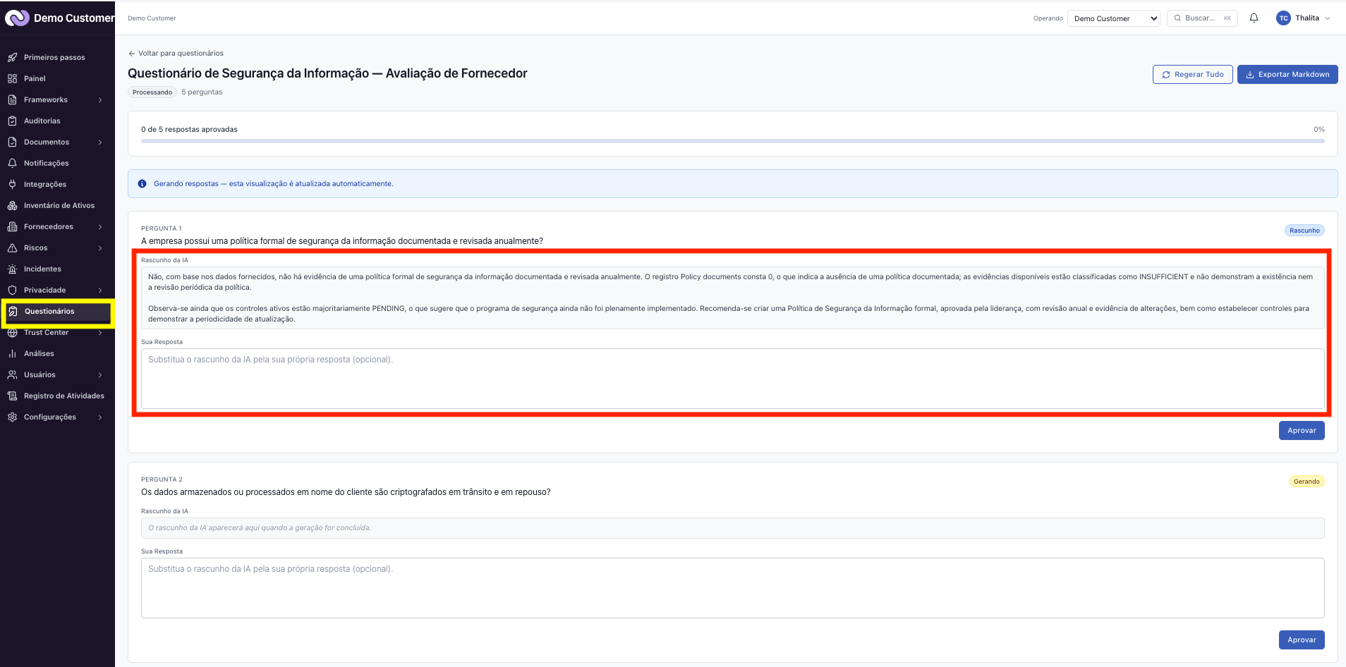 Questionários – Revisar, aprovar e exportar as respostas