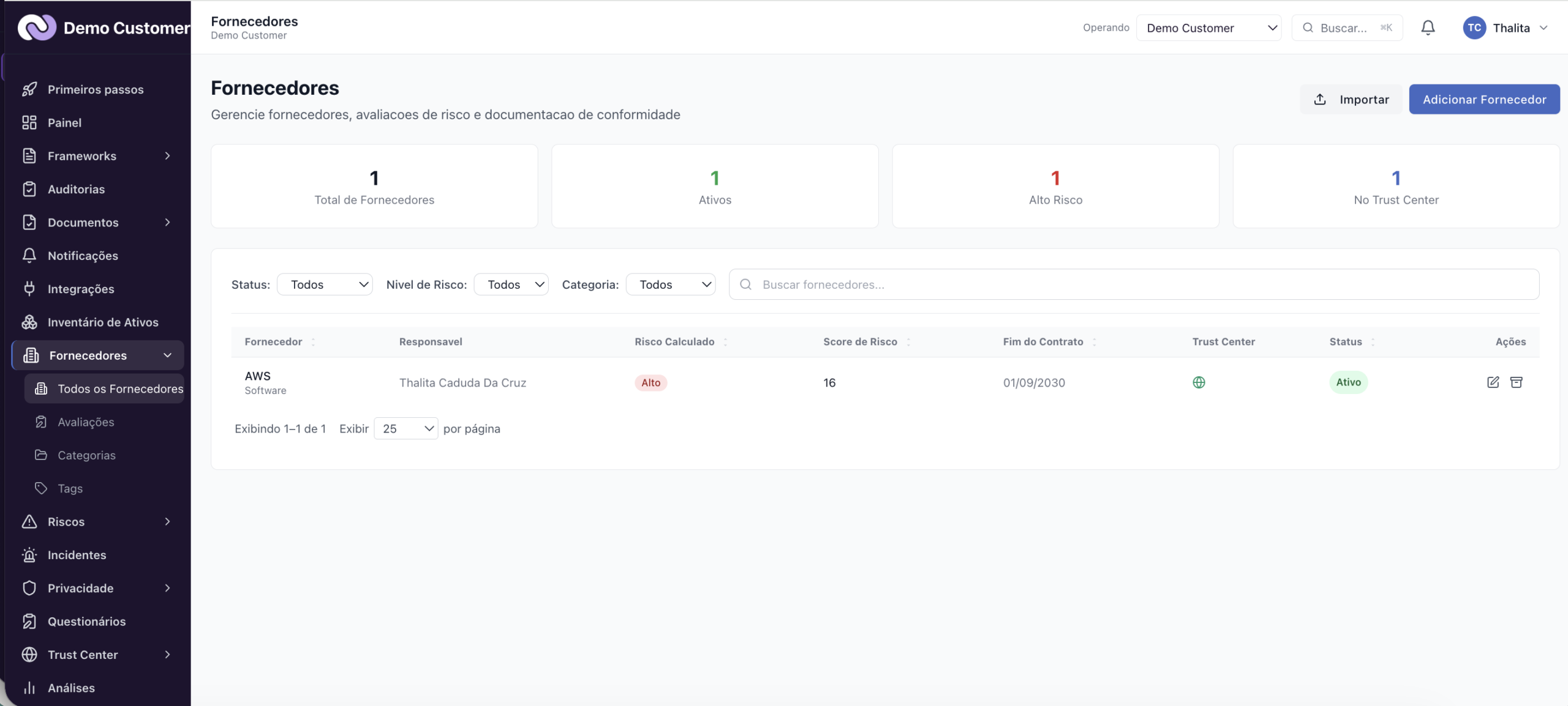 Fornecedores – Página do fornecedor: risco, contrato e documentos