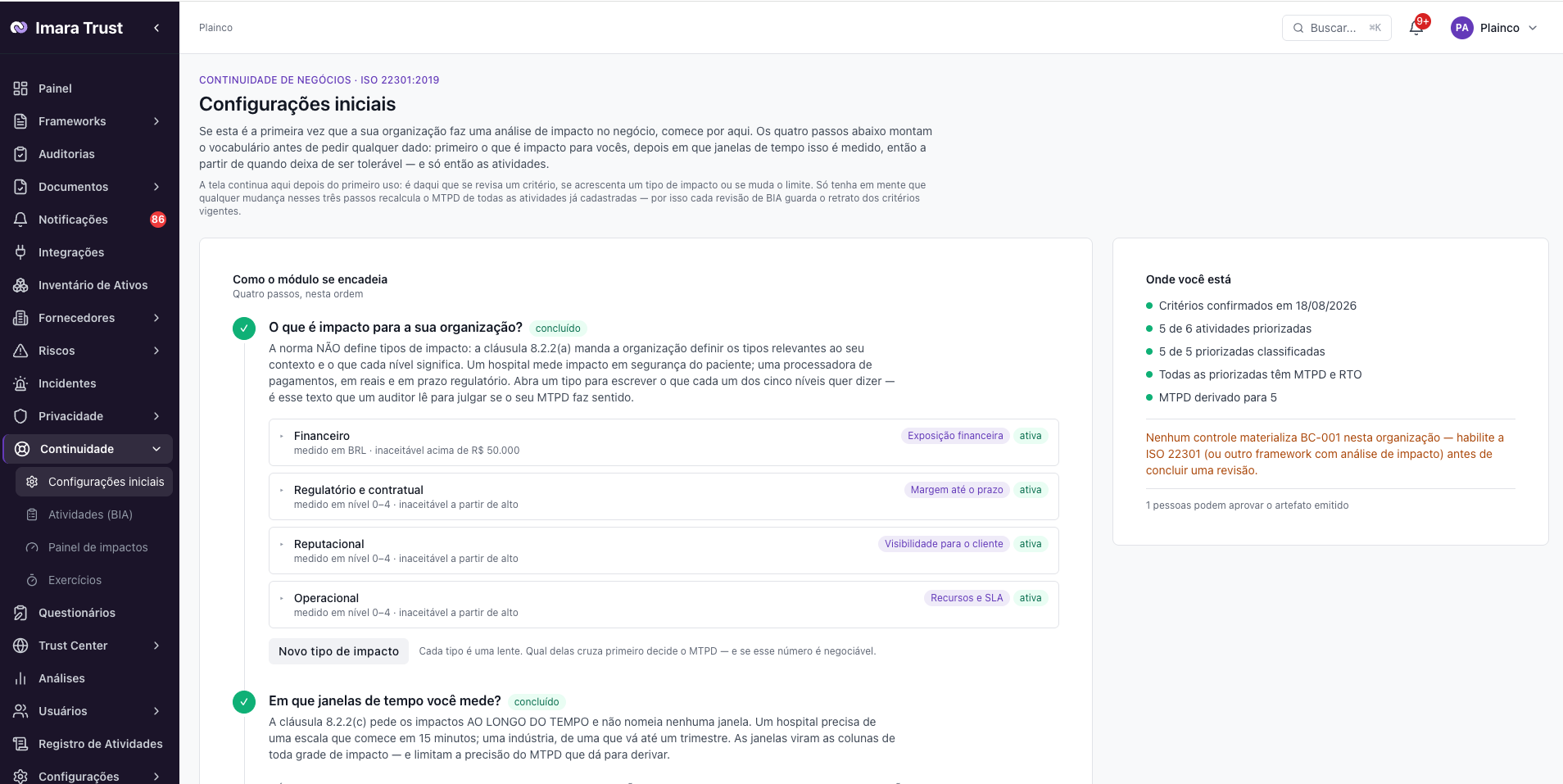Continuidade – Como configurar critérios e escalas de impacto