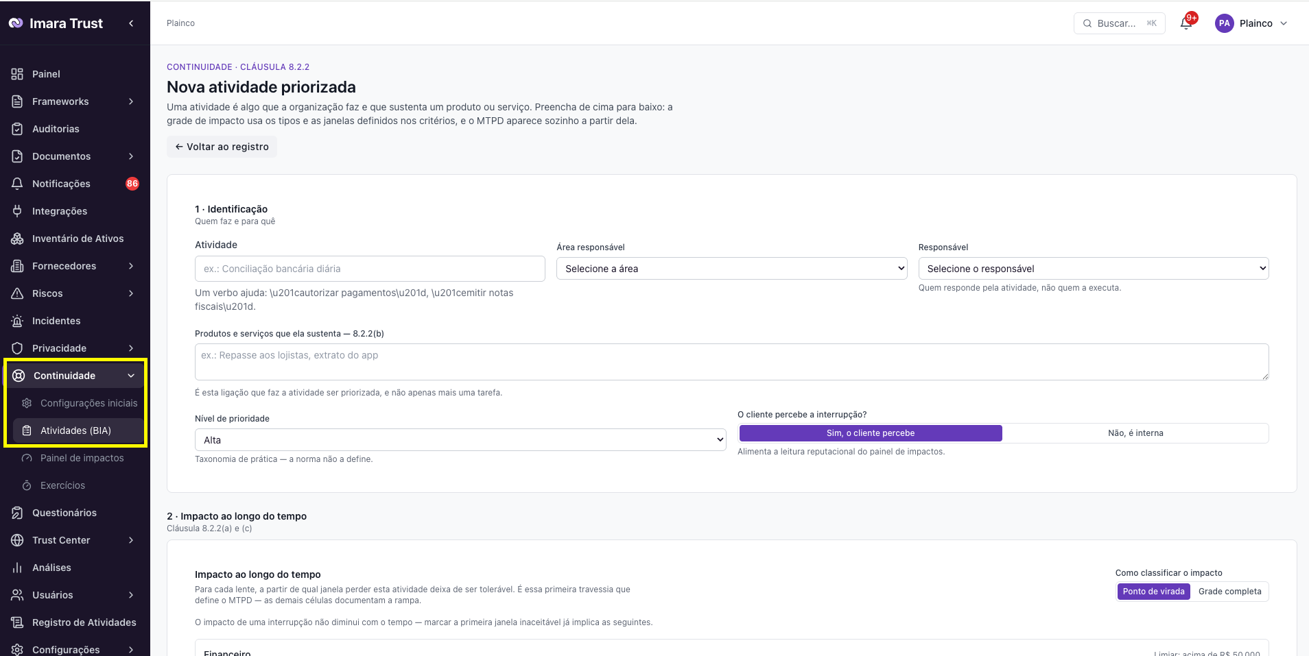 Continuidade – Cadastrar atividades e definir RTO/RPO