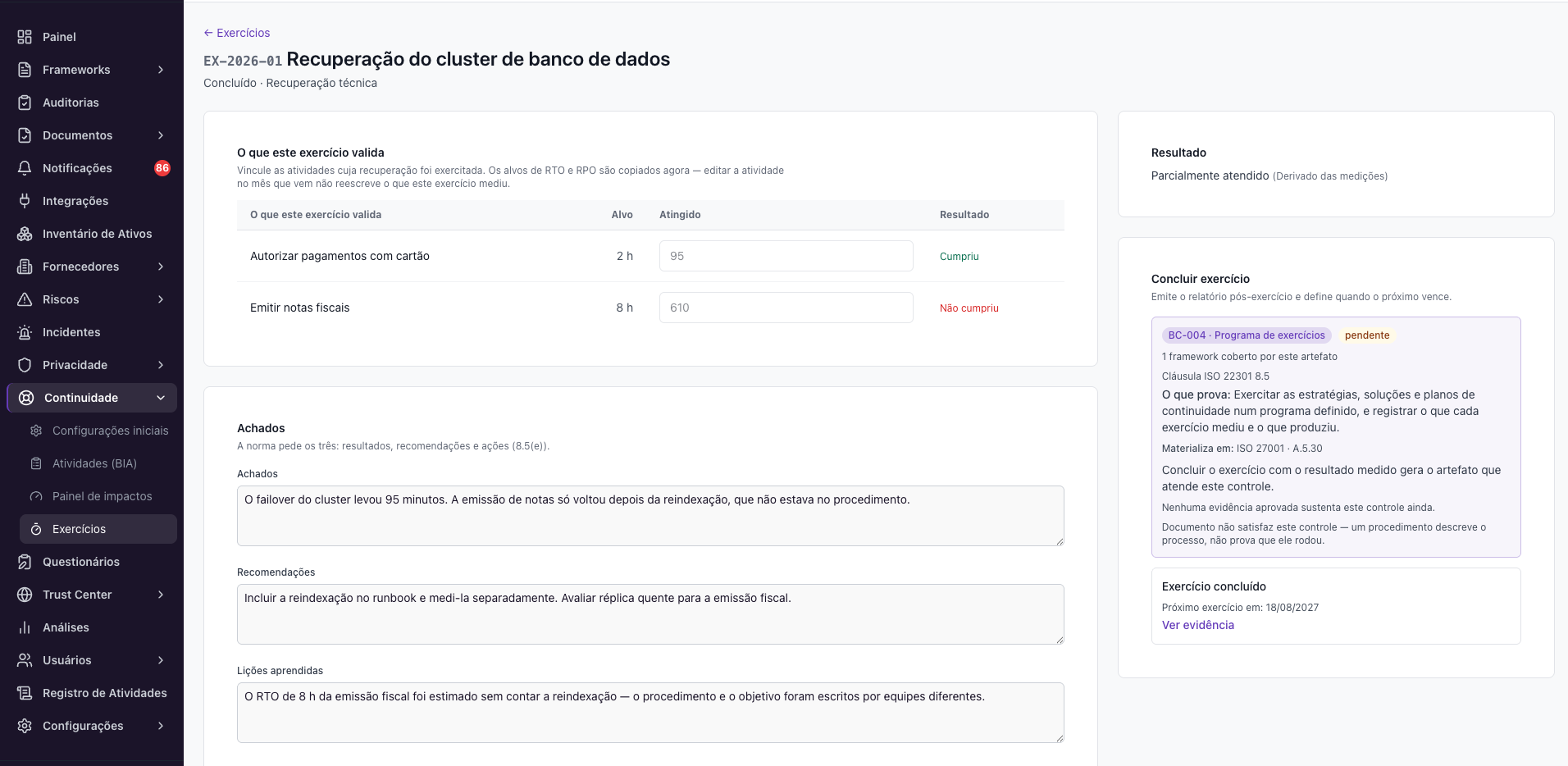 Continuidade – Planejar e registrar um exercício/teste do plano